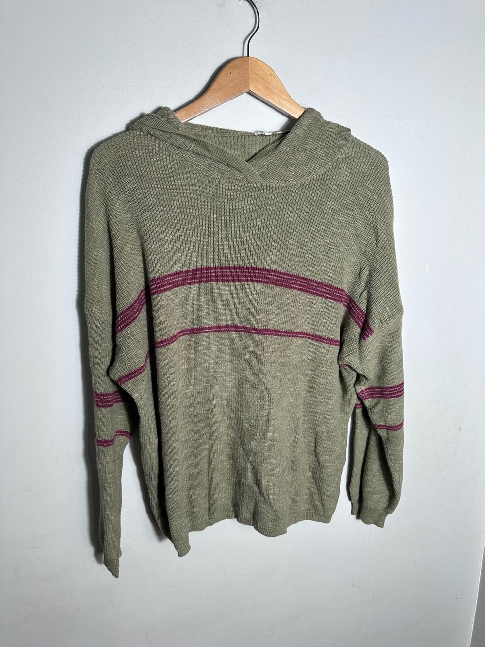 Baja striped hoodie Olive Green Sweater with Maroon Stripe Detail